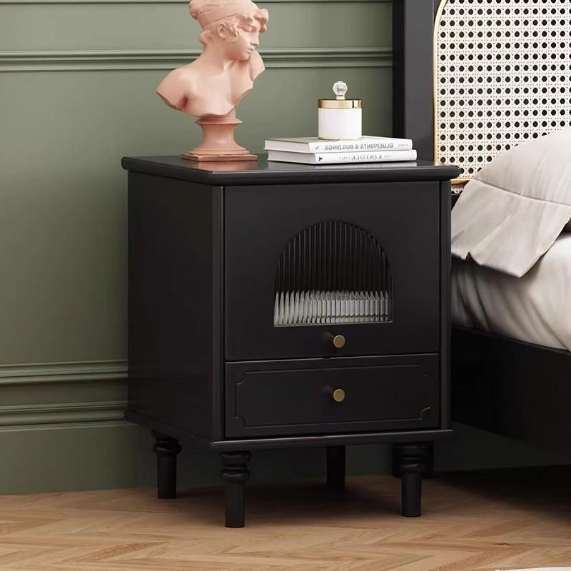 法式复古黑色实木床头柜家用卧室收纳储物柜小型中古风床边柜整装