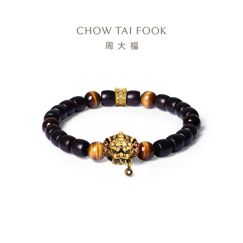 周大福潮酷貔貅男士足金黄金硅化玉木珠手串EOR1873礼物新品