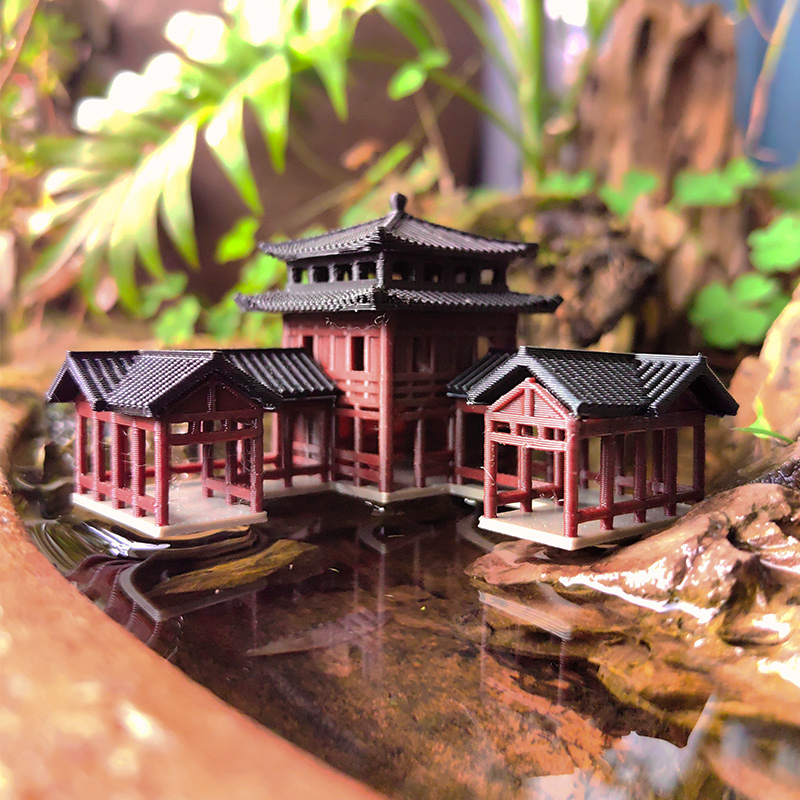 市井中心客栈造景小摆件假山奇石水陆鱼缸庭院盆景书房古建筑模型
