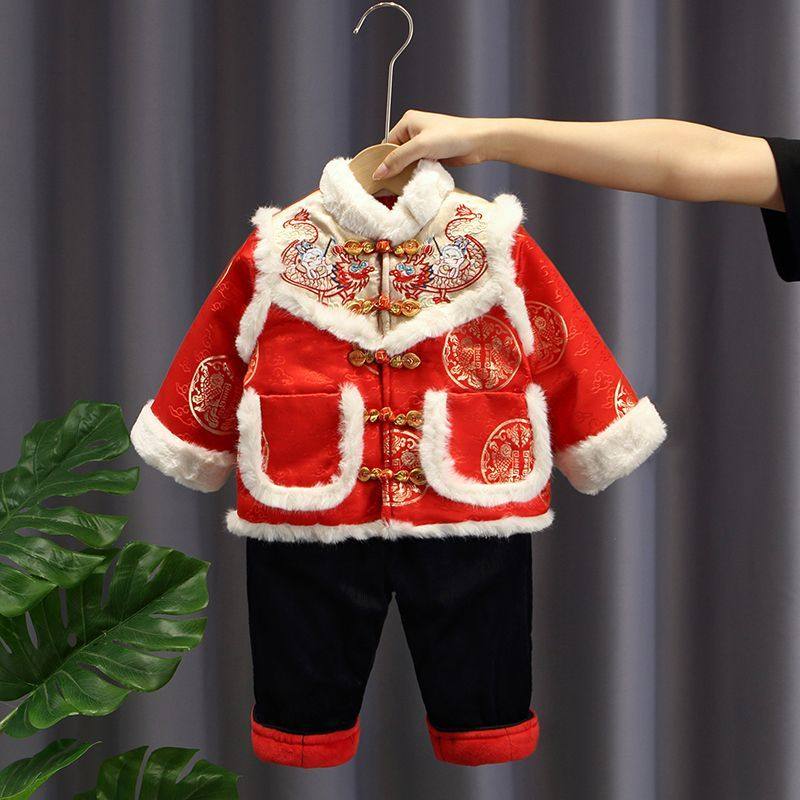 男童拜年服套装冬季儿童中国风加绒加厚喜庆唐装宝宝洋气周岁礼服
