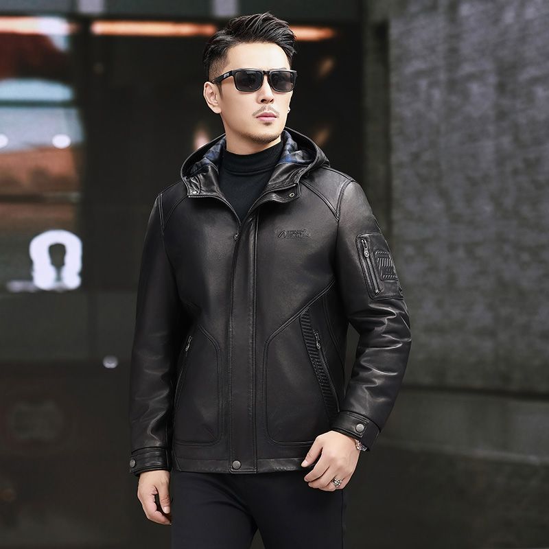 秋冬海宁真皮皮衣秋冬新款连帽皮夹克可脱卸短款皮夹克加厚男外套