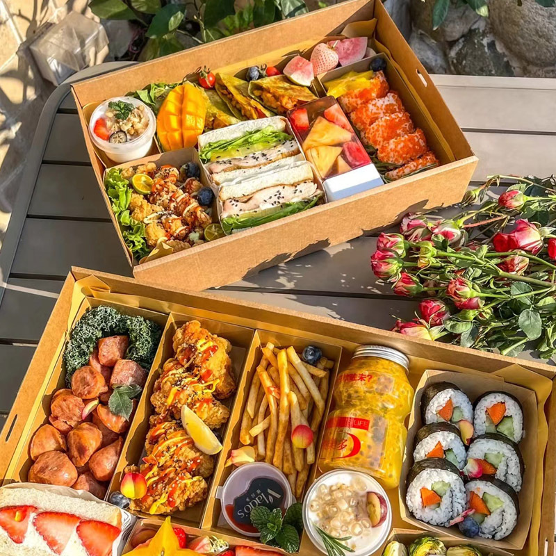 网红露营野餐盒子一次性牛皮纸打包盒蛋糕便当寿司轻食烘焙包装盒