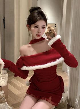 圣诞新年战袍红色连衣裙女2025新款一字肩挂脖生日礼服包臀短裙子