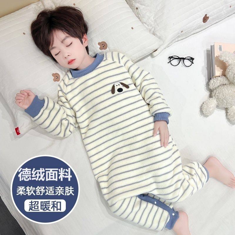 儿童春秋季德绒长袖睡衣男童按扣防踢睡袋男女孩宝宝连体衣家居服