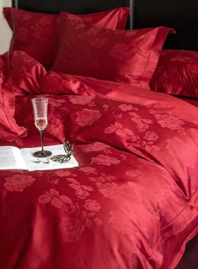 A类100支轻奢复古长绒棉婚庆四件套结婚红色高档纯棉婚房床上用品