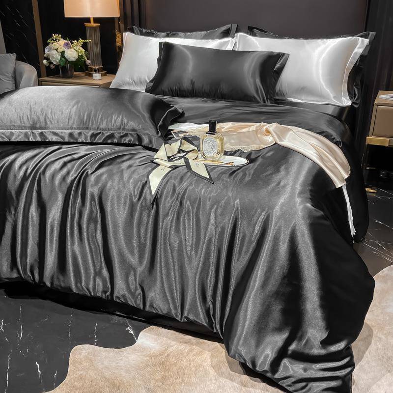 夏天黑色四件套冰丝纯色夏季新款床上用品凉感丝滑床单被套床笠