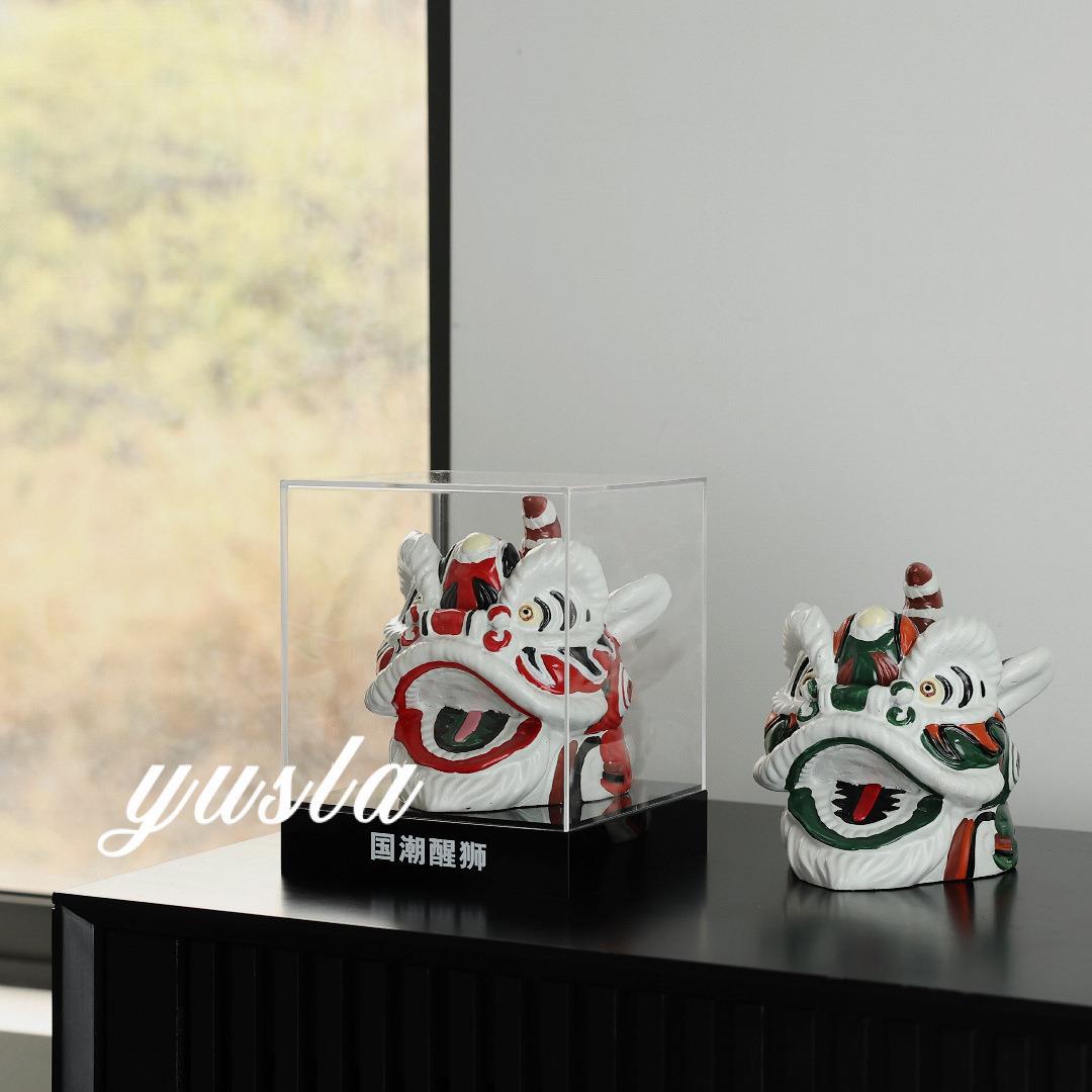 新中式树脂手绘醒狮子头软装饰品电视柜子办公室样板间摆件工艺品