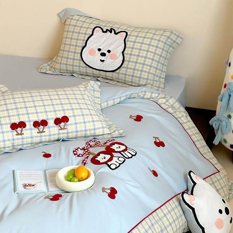 小清新纯棉磨毛加厚四件套樱桃狗毛巾绣秋冬被套床上用品1.2蓝色