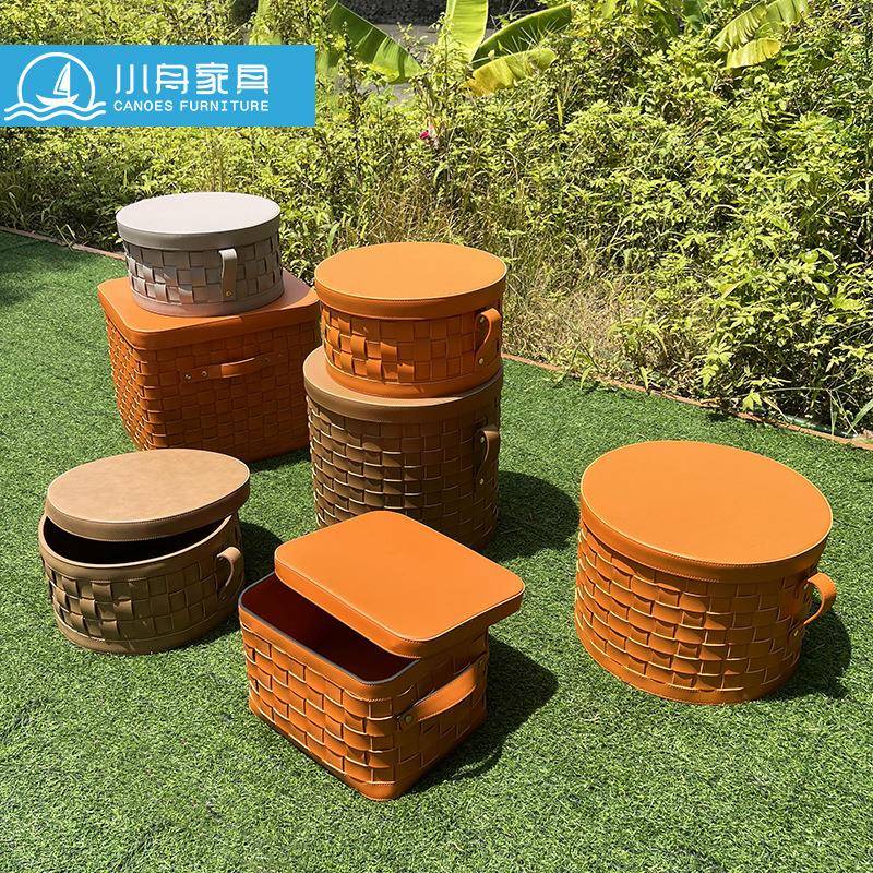 轻奢皮革手工编织收纳篮筐样板间客厅玄关置物筐道具装饰摆件饰品