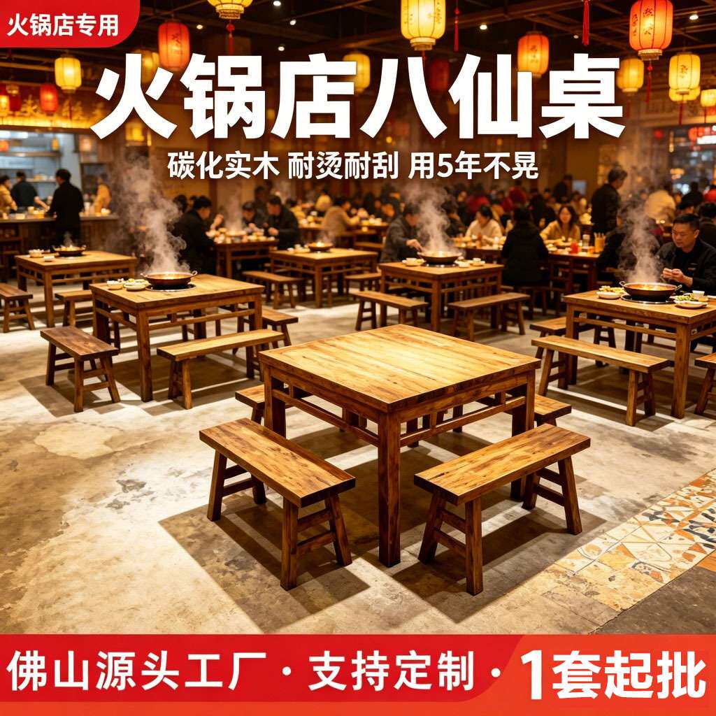 厂家直销中式做旧八仙火锅桌 全实木餐桌 湘菜馆饭店实木桌凳组合