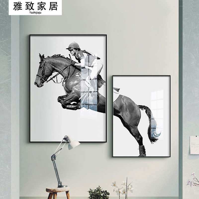 现代简约装饰画马术骑马客厅沙发办公室创意时尚艺术黑白墙画挂画