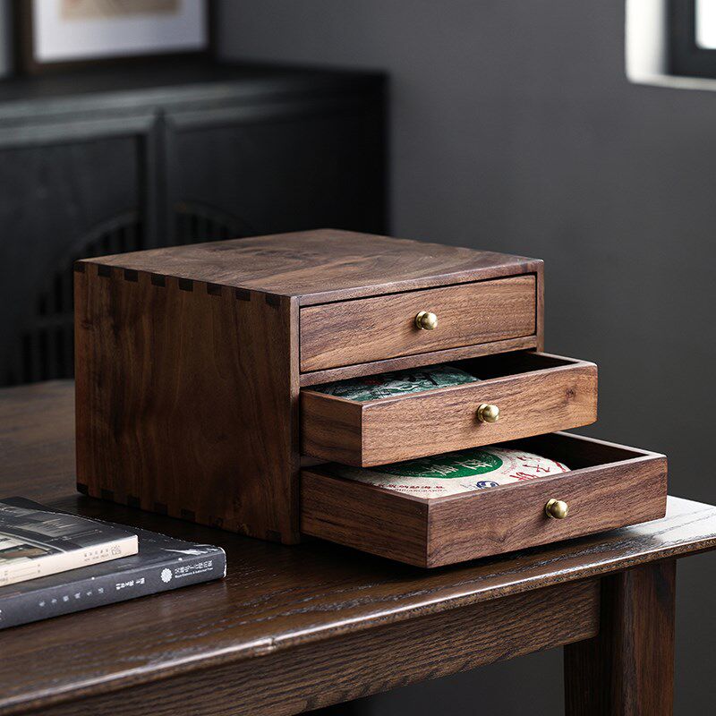 北美胡桃木茶饼盒普洱茶盒实木收纳盒多层抽屉式储茶盒茶饼存放盒