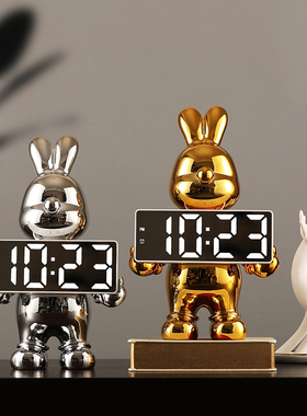 气球兔时钟摆件h轻奢存钱罐桌面台式钟表电子钟创意台钟小闹钟摆