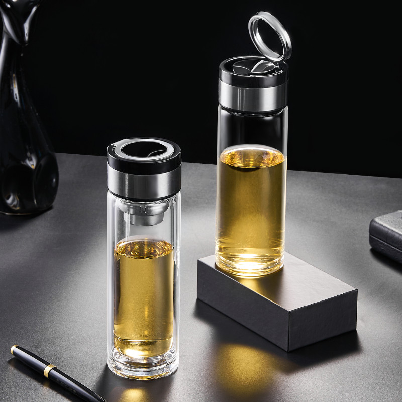 提环盖可携式随身水杯男单层泡茶杯双层茶水分离玻璃杯团购定制lo