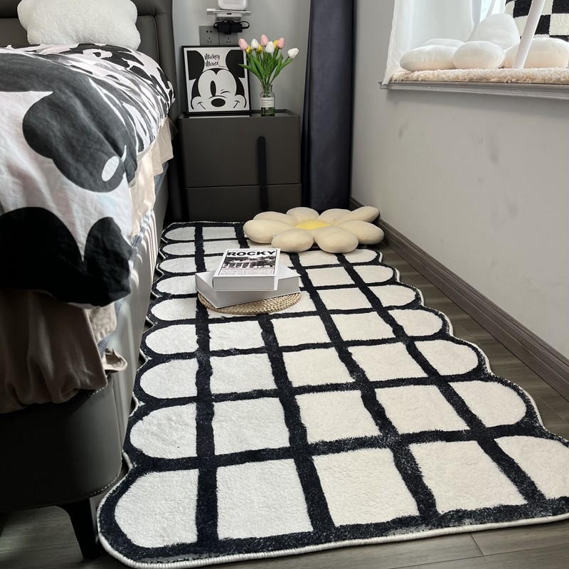 床边地毯卧室仿羊绒黑白几何床边毯床前地毯黑白简约风格加厚家用