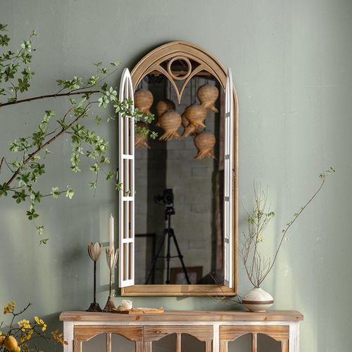 法式覆古全身镜挂墙式家用实木全身镜客厅欧式化妆装饰镜拱形镜子