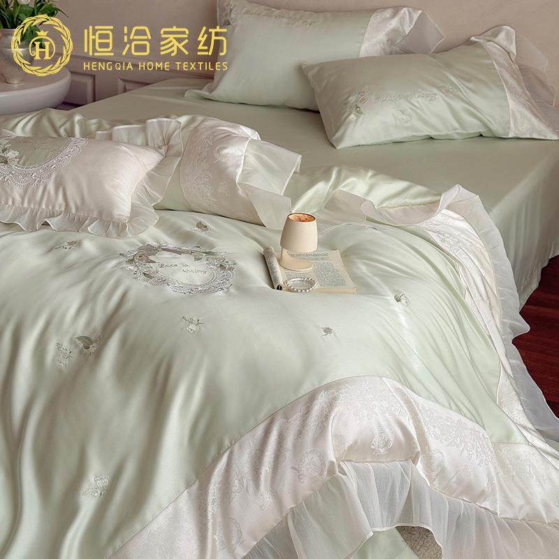 春夏季凉感莱赛尔四件套小清新刺绣提花韩系花边丝滑被套床品绿色