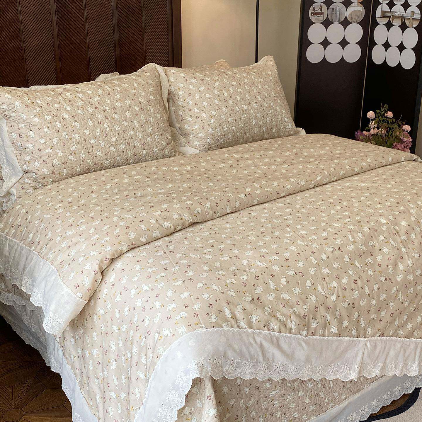 法式大花边全棉榻榻米床盖三件套纯棉1.5/1.8m床被套四件套可