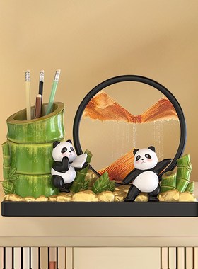 中国风熊猫文创笔筒办公室桌面流沙画摆件开学礼物家Y居实用装饰