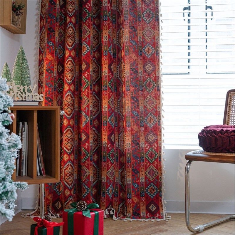 红色徽章窗帘红色节日提花流苏窗帘穿杆厨房帘飘窗半遮光波西米亚