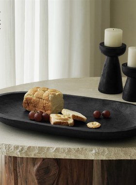 栗石复古新中式黑色碳化s木圆形托盘摆件民宿茶室高级感干果盘茶