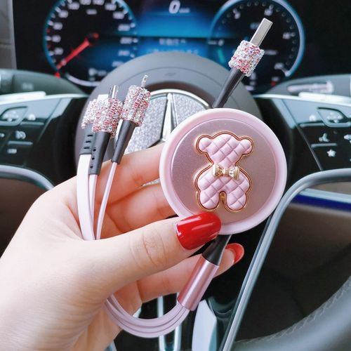 车载充电器手机快充头伸缩一拖三镶钻数据线可爱多功能usb点烟器