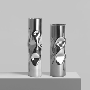 银色玻璃花瓶简约装饰客厅样板间仿金属花器民宿酒店橱窗花艺瓶子