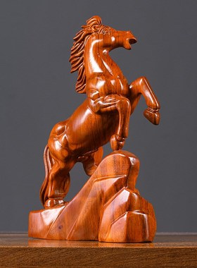 花梨木雕摆件实木质马到成功创意工艺品家居客厅装饰店铺开业送礼