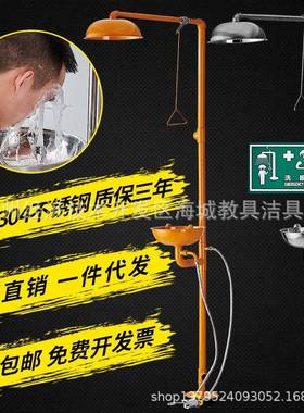 ABS黄色304不锈钢复合式紧急喷淋洗眼器立式冲淋验厂洗眼器装置