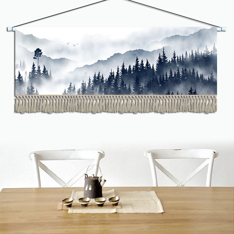 轻奢山水挂画布艺客厅背景墙装饰画卧室床头挂布酒店民宿横版挂毯