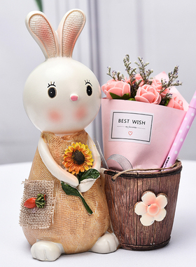 创意多功能笔筒存钱罐卡通兔子办公桌面装饰品摆件儿童节生日礼物