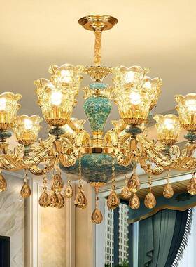欧式吊灯奢华客厅灯现代简约大气家用法式蓝色陶瓷吊灯卧室水晶灯