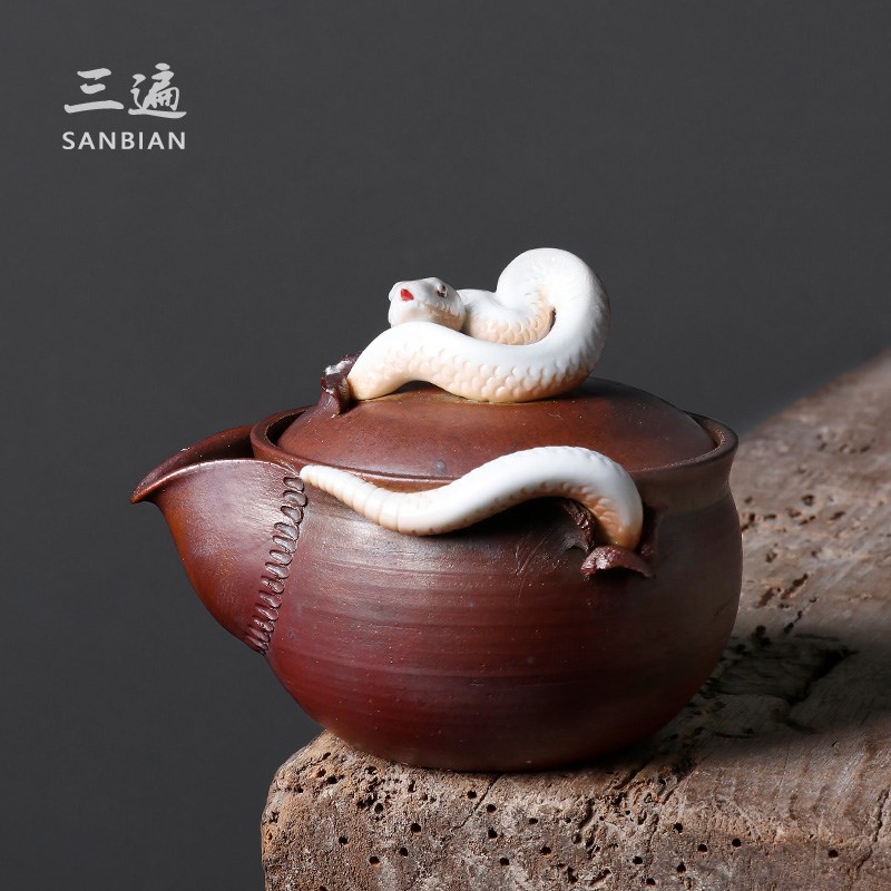 柴烧宝瓶嚟蛇茶壶日式柴烧纯手工茶壶创意粗陶复古诧寂高档手抓壶