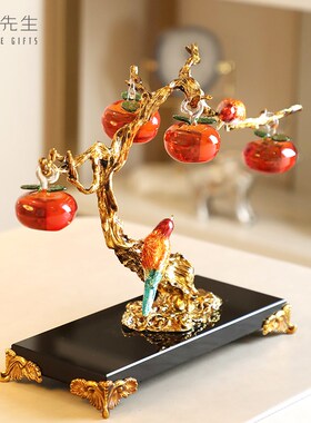 珐琅彩喜上枝头i新中式柿子摆件客厅玄关办公室摆件新婚乔迁礼物