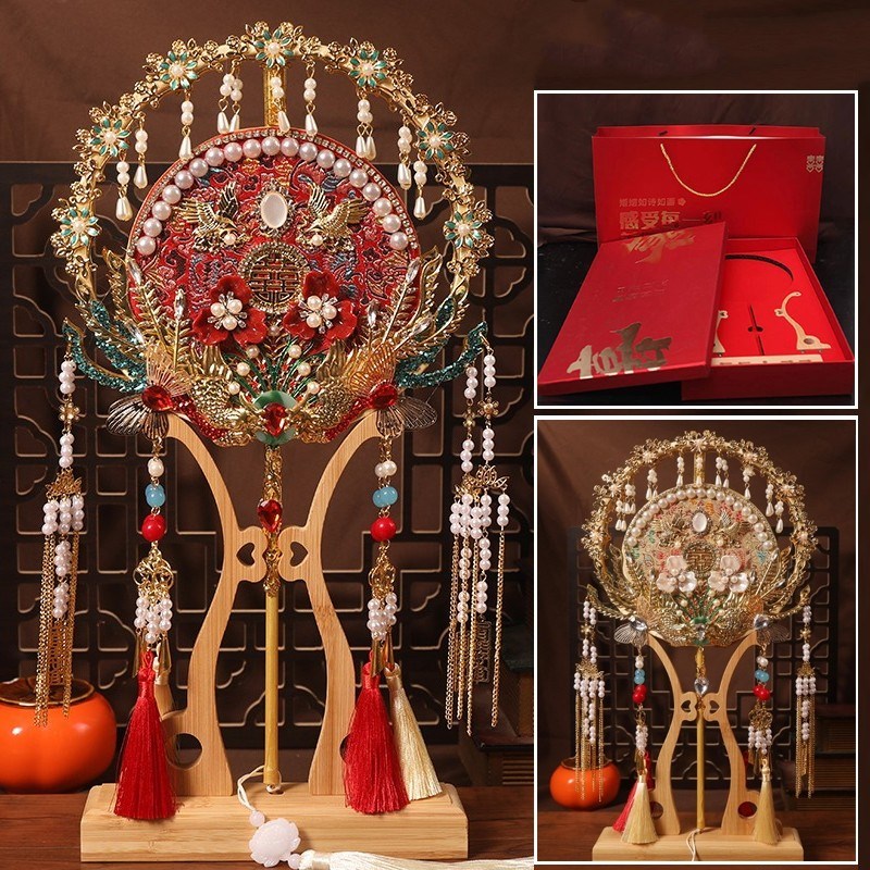 团扇新娘结婚diky材料包双色双面重工婚礼喜扇手工礼物成品婚扇子