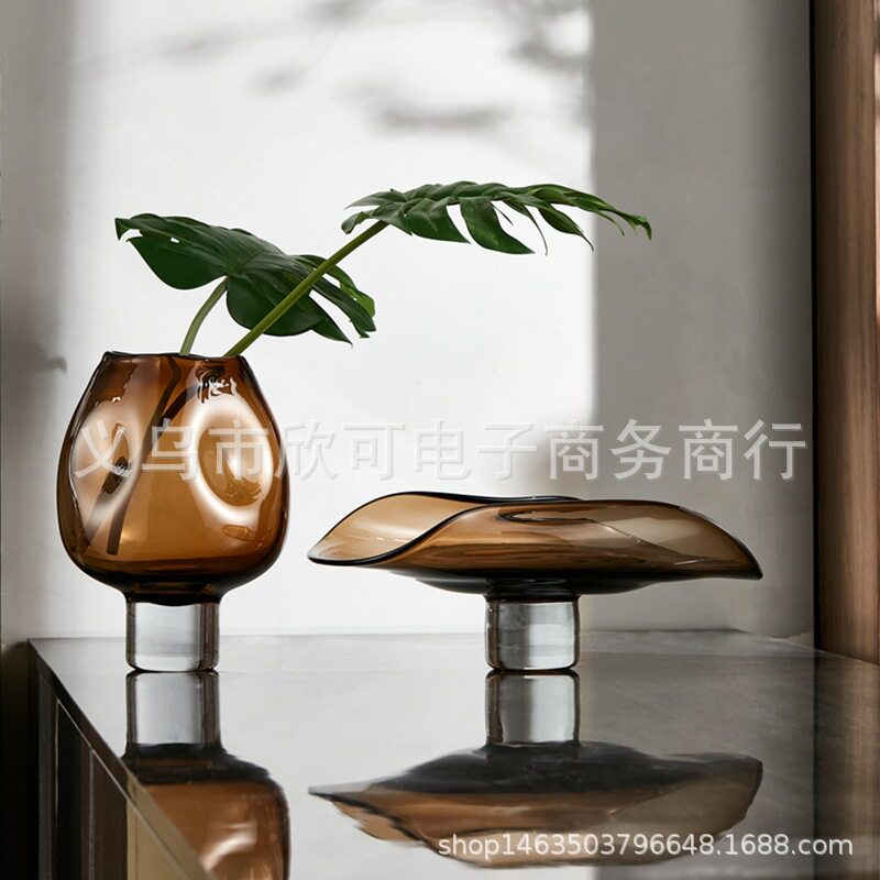 果盘轻奢高档客厅家用果盘花瓶摆件客厅插花假花艺术琉璃玻璃花瓶
