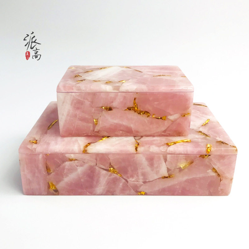 天然粉水晶盒子 白水晶盒子高端样板间首饰收纳盒整理盒软装摆件