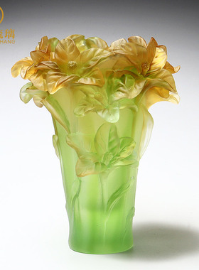 琉璃兰花专用花瓶黄色水晶工艺品摆件客厅插花乔迁之喜装饰品高档