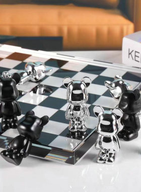 现代轻奢创意水晶棋盘摆件暴力熊黑白棋子套装客厅书房软装饰礼品