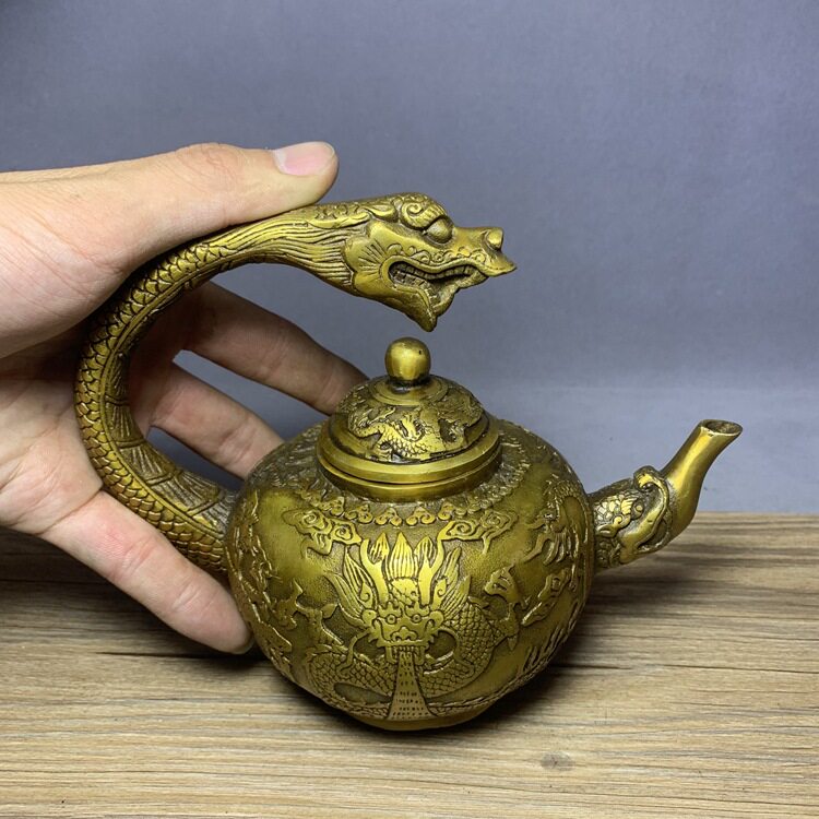 茶壶仿古纯铜龙头壶功夫茶具收藏品古玩杂项招财双龙吸财茶壶摆件