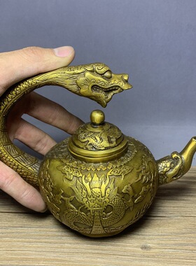 茶壶仿古纯铜龙头壶功夫茶具收藏品古玩杂项招财双龙吸财茶壶摆件