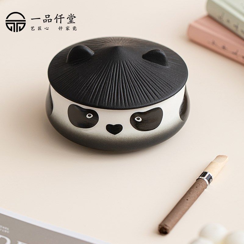 陶瓷创意烟灰缸高端轻奢家用时尚客厅大容量车载带盖防灰飞送长辈