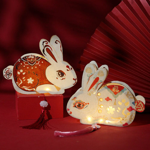 癸卯兔年上元宵节木l架灯笼DIY材料发光古风兔子绒布花灯镂空宫灯
