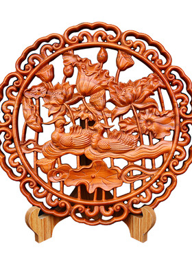 桃木鸳鸯戏水图床头挂件木雕摆件比翼鸟卧室婚房美好祝福礼品装饰