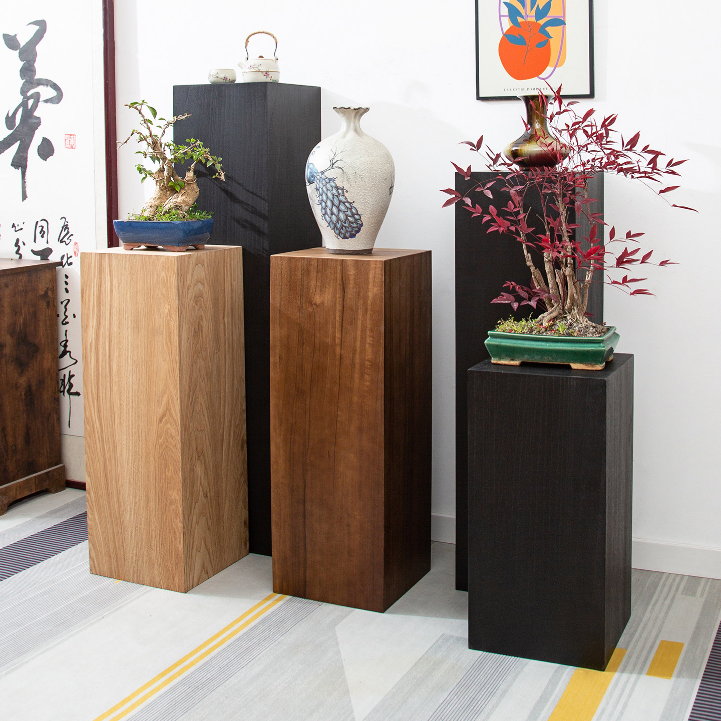 轻奢风实木花架方形展示台客厅装饰边几简约现代花几中式创意木墩