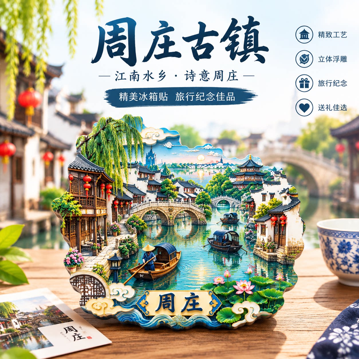 苏州周庄古镇3D立体浮雕冰箱贴江南水乡国潮纪念品立体送朋友礼物