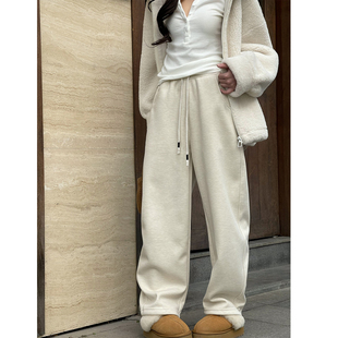 白色桑蚕丝羊毛加绒加厚阔腿裤女新款秋冬宽松显瘦直筒拖地休闲裤