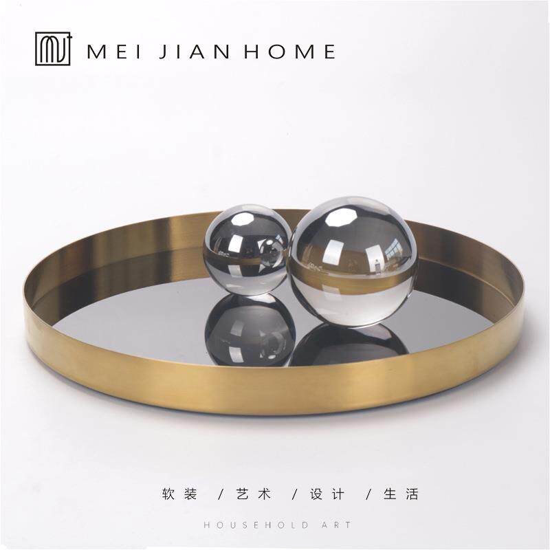 现代简约创意镜面圆形托盘合收纳盘样板房摆件客厅茶几桌面装饰品