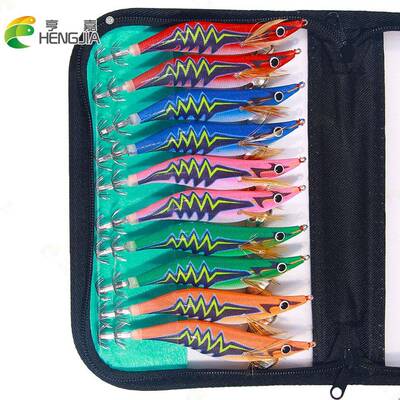 HENGJIA新款UV夜光仿真虾鱼饵木虾假饵套装鱿鱼钩假饵