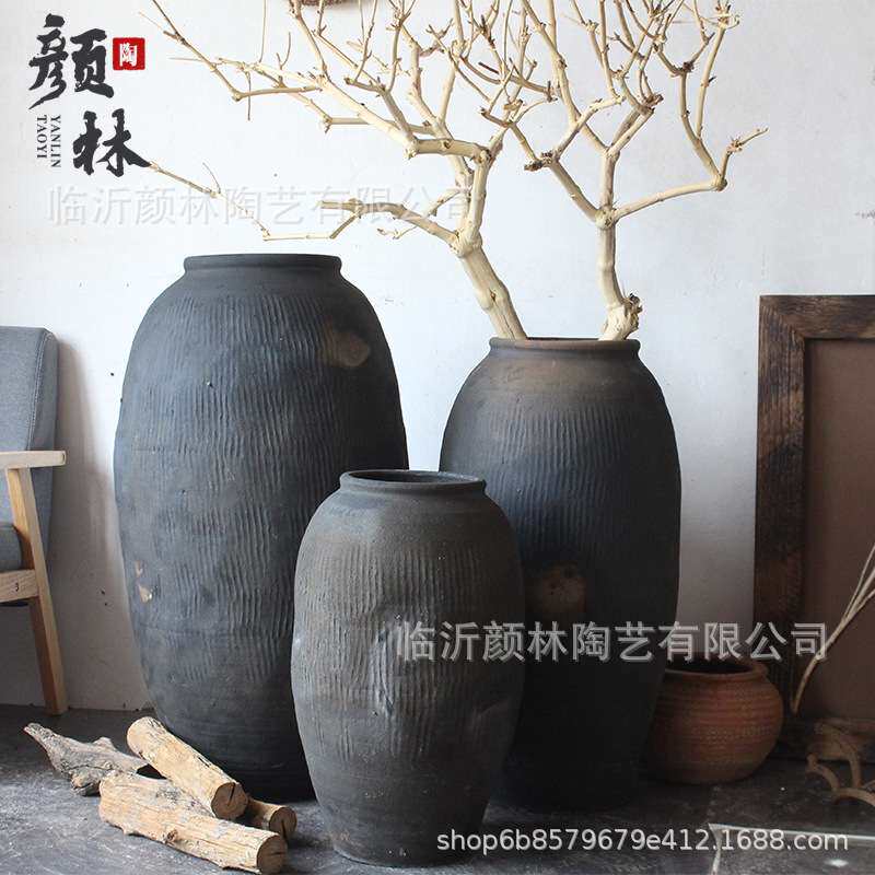 落地翁瓶黑灰色新派设计复古陶罐花盆粗陶瘦高花瓶陶罐INS自然风